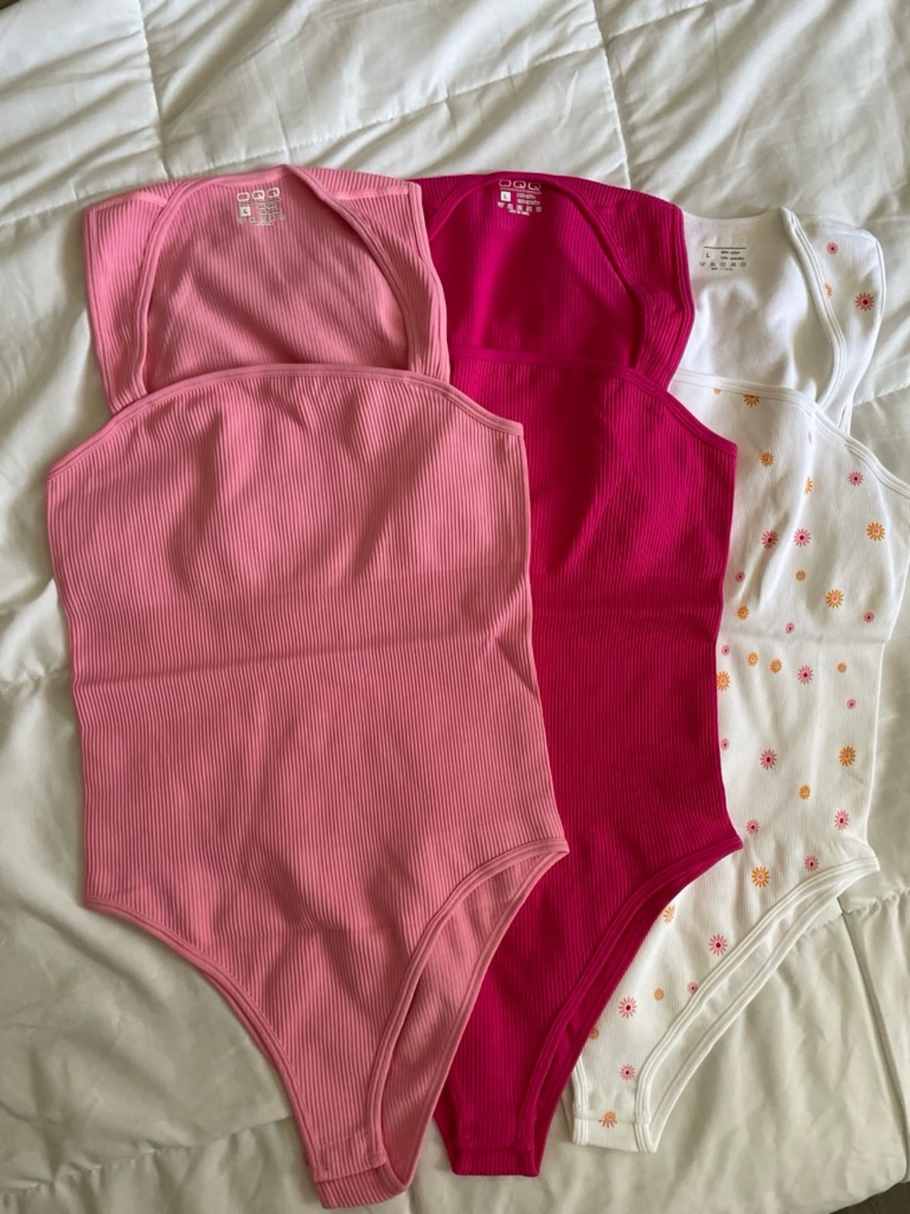 3-Pack Ribbed & Printed Tank Bodysuits - Pink, Hot Pink, White